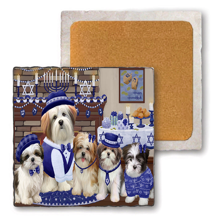 Happy Hanukkah Family Malti Tzu Dogs Set of 4 Natural Stone Marble Tile Coasters MCST52271
