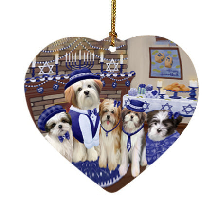 Happy Hanukkah Family Malti Tzu Dogs Heart Christmas Ornament HPORA58427