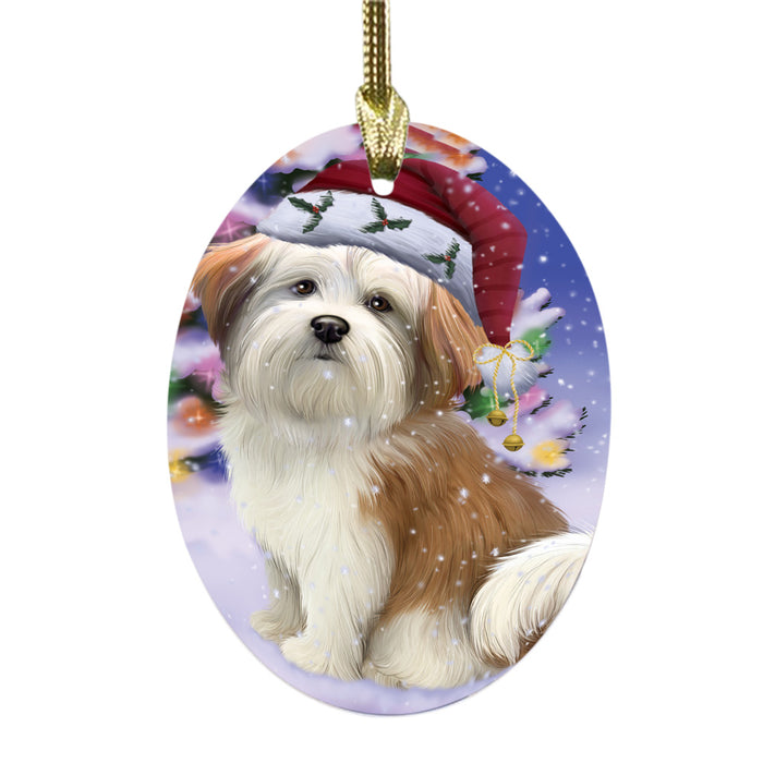 Winterland Wonderland Malti Tzu Dog In Christmas Holiday Scenic Background Oval Glass Christmas Ornament OGOR49606