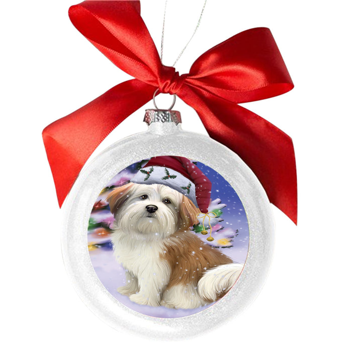 Winterland Wonderland Malti Tzu Dog In Christmas Holiday Scenic Background White Round Ball Christmas Ornament WBSOR49606