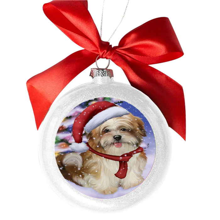 Winterland Wonderland Malti Tzu Dog In Christmas Holiday Scenic Background White Round Ball Christmas Ornament WBSOR49610