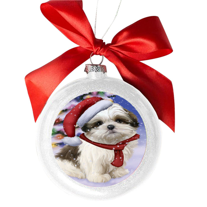 Winterland Wonderland Malti Tzu Dog In Christmas Holiday Scenic Background White Round Ball Christmas Ornament WBSOR49607