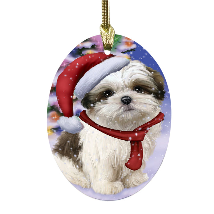 Winterland Wonderland Malti Tzu Dog In Christmas Holiday Scenic Background Oval Glass Christmas Ornament OGOR49607