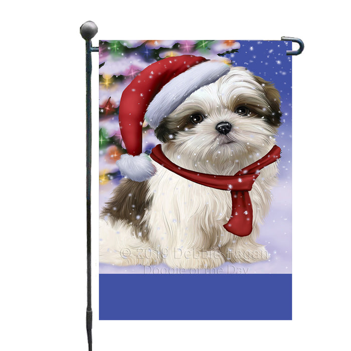 Personalized Winterland Wonderland Malti Tzu Dog In Christmas Holiday Scenic Background Custom Garden Flags GFLG-DOTD-A61345