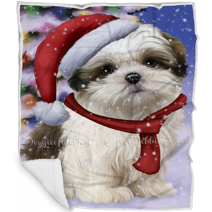 Winterland Wonderland Malti Tzu Dog In Christmas Holiday Scenic Background Blanket BLNKT101280