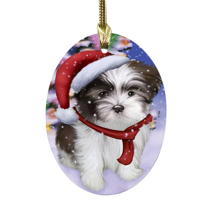 Winterland Wonderland Malti Tzu Dog In Christmas Holiday Scenic Background Oval Glass Christmas Ornament OGOR49608