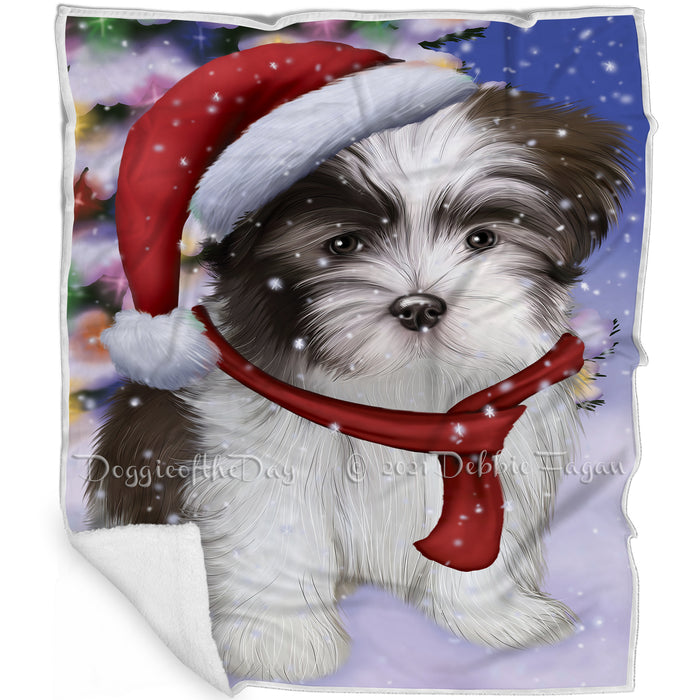 Winterland Wonderland Malti Tzu Dog In Christmas Holiday Scenic Background Blanket BLNKT101289