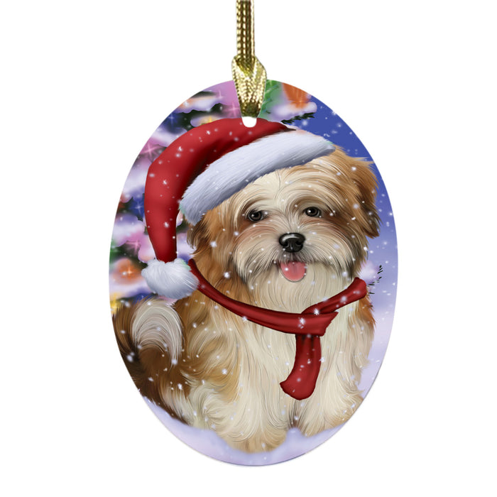 Winterland Wonderland Malti Tzu Dog In Christmas Holiday Scenic Background Oval Glass Christmas Ornament OGOR49610