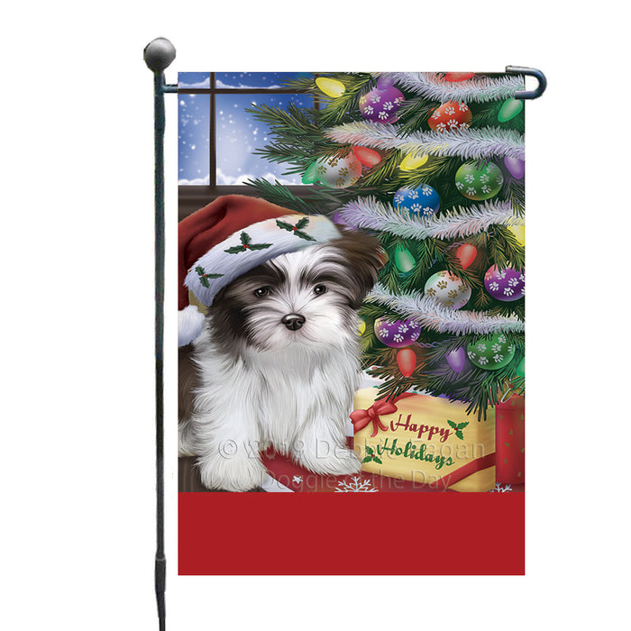 Personalized Christmas Happy Holidays Malti Tzu Dog with Tree and Presents Custom Garden Flags GFLG-DOTD-A58648