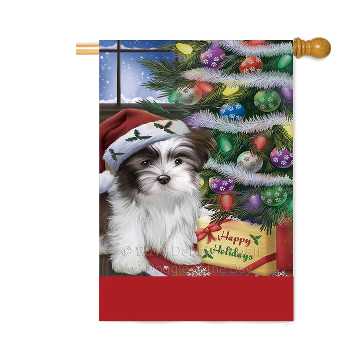 Personalized Christmas Happy Holidays Malti Tzu Dog with Tree and Presents Custom House Flag FLG-DOTD-A58704