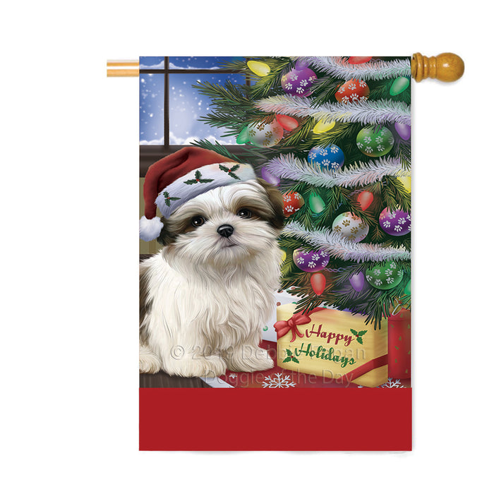 Personalized Christmas Happy Holidays Malti Tzu Dog with Tree and Presents Custom House Flag FLG-DOTD-A58705
