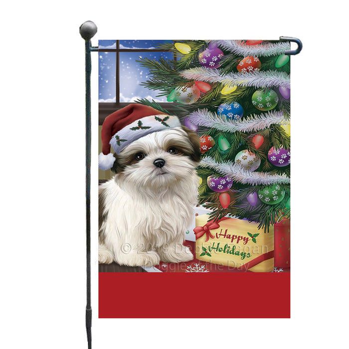 Personalized Christmas Happy Holidays Malti Tzu Dog with Tree and Presents Custom Garden Flags GFLG-DOTD-A58649