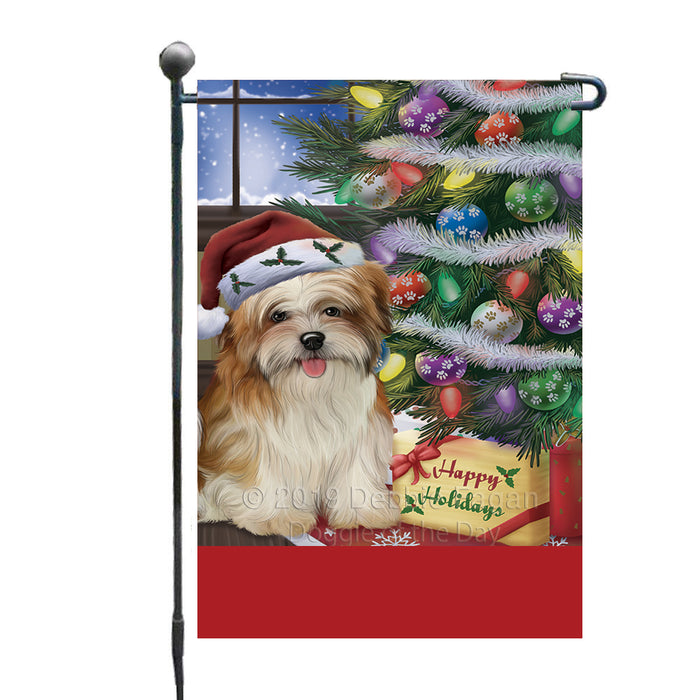 Personalized Christmas Happy Holidays Malti Tzu Dog with Tree and Presents Custom Garden Flags GFLG-DOTD-A58650