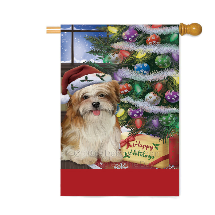 Personalized Christmas Happy Holidays Malti Tzu Dog with Tree and Presents Custom House Flag FLG-DOTD-A58706