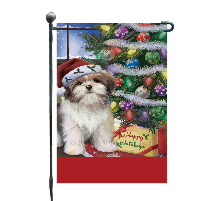 Personalized Christmas Happy Holidays Malti Tzu Dog with Tree and Presents Custom Garden Flags GFLG-DOTD-A58651