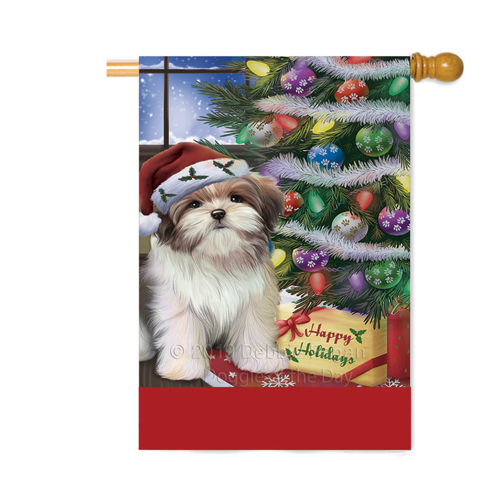 Personalized Christmas Happy Holidays Malti Tzu Dog with Tree and Presents Custom House Flag FLG-DOTD-A58707
