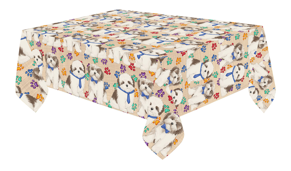 Rainbow Paw Print Malti Tzu Dogs Blue Cotton Linen Tablecloth