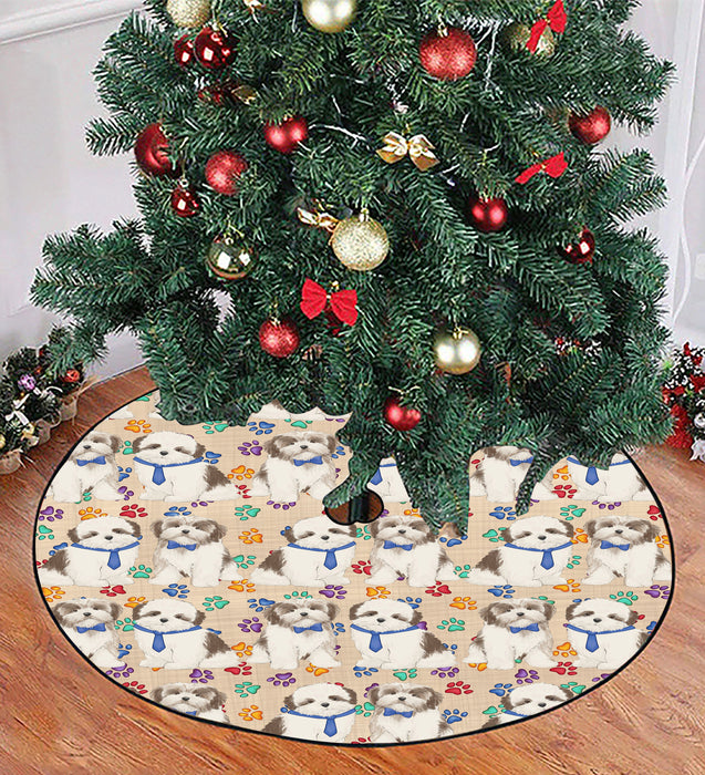 Rainbow Paw Print Malti Tzu Dogs Blue Christmas Tree Skirt