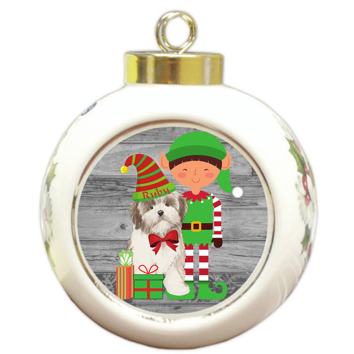 Custom Personalized Malti Tzu Dog Elfie and Presents Christmas Round Ball Ornament