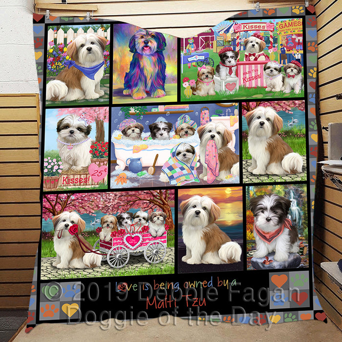 Love is Being Owned Malti Tzu Dog Grey Quilt