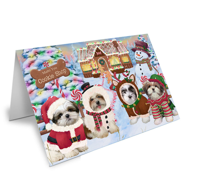 Holiday Gingerbread Cookie Shop Malti Tzus Dog Handmade Artwork Assorted Pets Greeting Cards and Note Cards with Envelopes for All Occasions and Holiday Seasons GCD74027