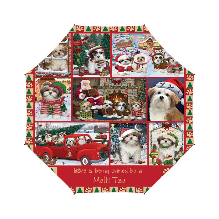 Love is Being Owned Christmas Malti Tzu Dogs Semi-Automatic Foldable Umbrella
