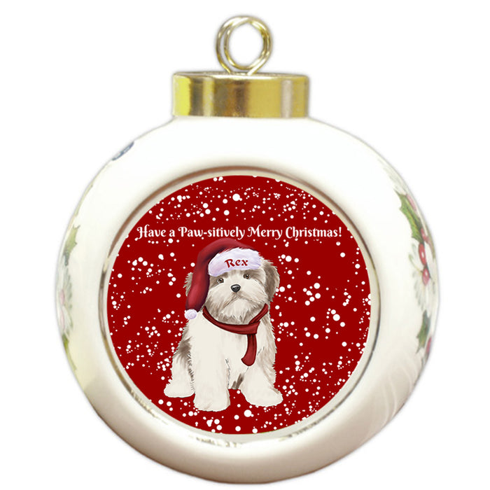 Custom Personalized Pawsitively Malti Tzu Dog Merry Christmas Round Ball Ornament