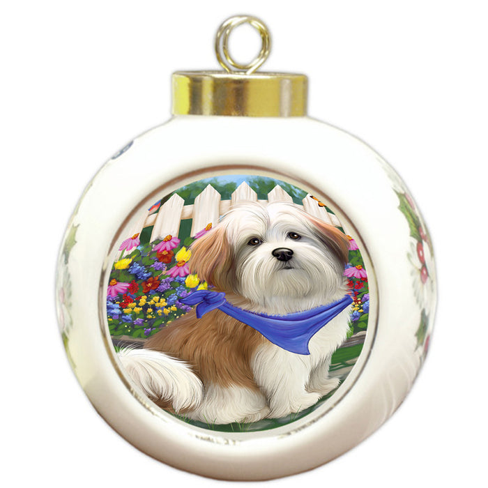 Spring Floral Malti Tzu Dog Round Ball Christmas Ornament RBPOR49913
