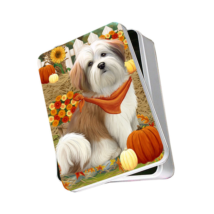 Fall Autumn Greeting Malti Tzu Dog with Pumpkins Photo Storage Tin PITN50780