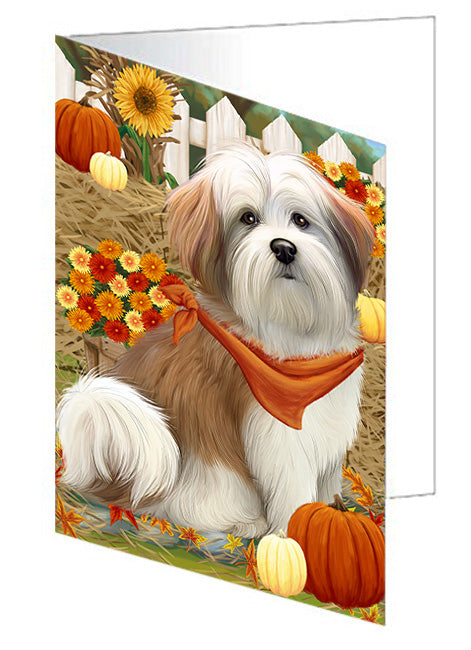 Fall Autumn Greeting Malti Tzu Dog with Pumpkins Handmade Artwork Assorted Pets Greeting Cards and Note Cards with Envelopes for All Occasions and Holiday Seasons GCD56369