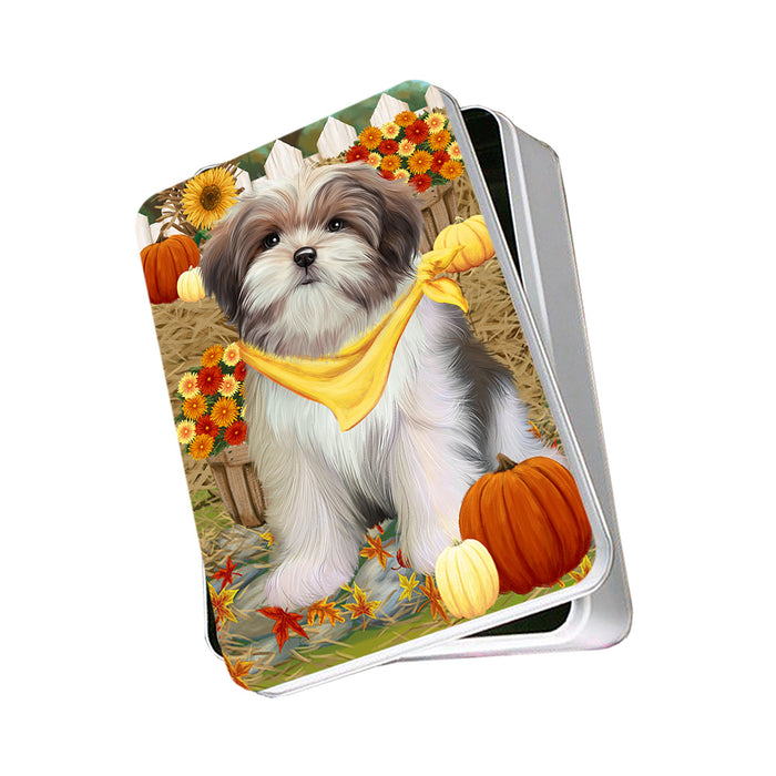 Fall Autumn Greeting Malti Tzu Dog with Pumpkins Photo Storage Tin PITN50781