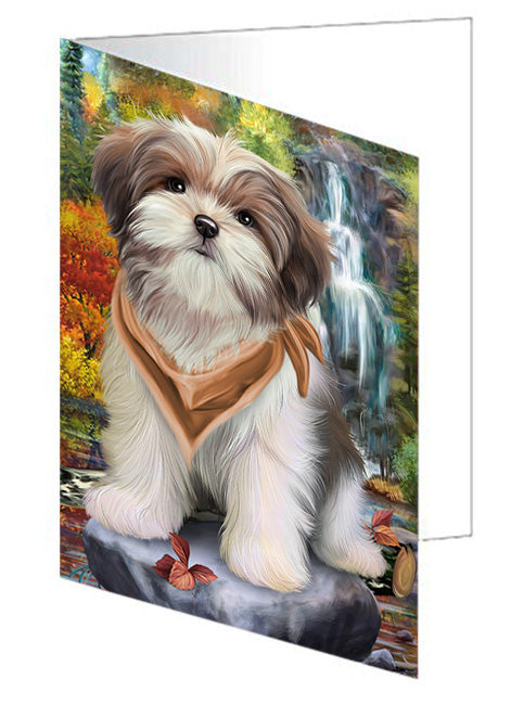 Scenic Waterfall Malti Tzu Dog Handmade Artwork Assorted Pets Greeting Cards and Note Cards with Envelopes for All Occasions and Holiday Seasons GCD54563