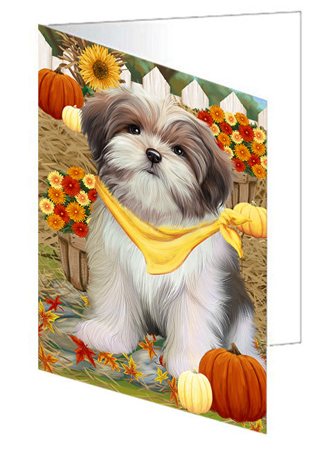 Fall Autumn Greeting Malti Tzu Dog with Pumpkins Handmade Artwork Assorted Pets Greeting Cards and Note Cards with Envelopes for All Occasions and Holiday Seasons GCD56372