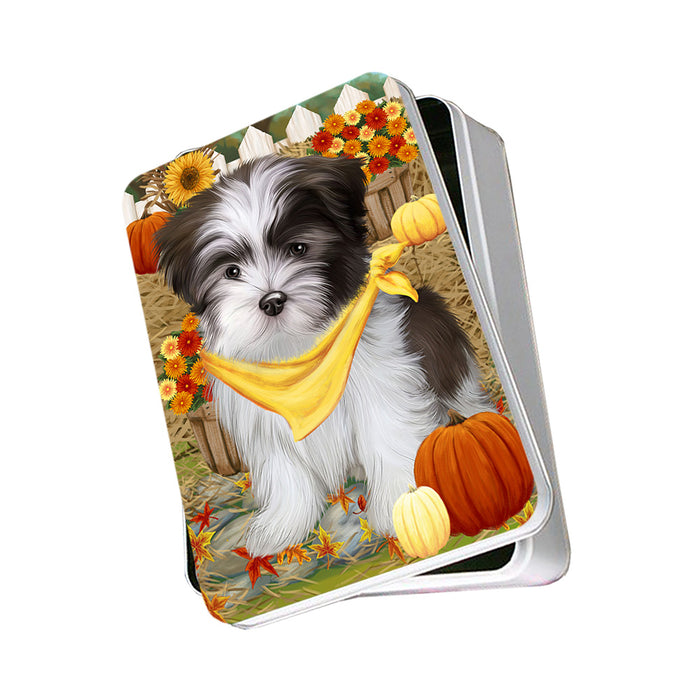 Fall Autumn Greeting Malti Tzu Dog with Pumpkins Photo Storage Tin PITN50782