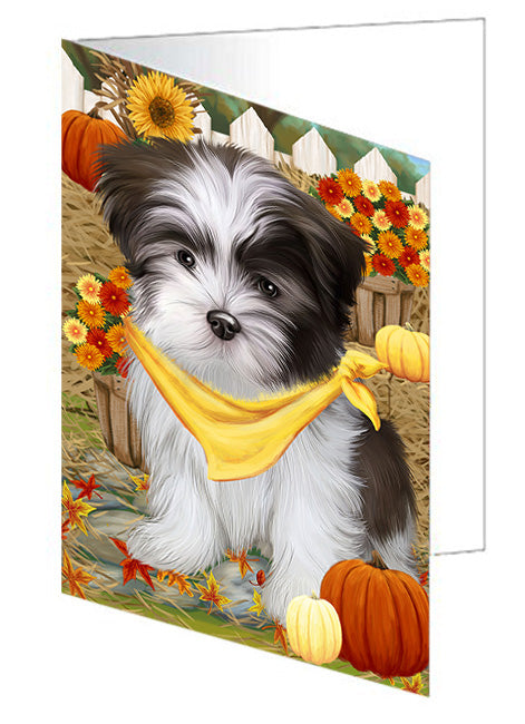 Fall Autumn Greeting Malti Tzu Dog with Pumpkins Handmade Artwork Assorted Pets Greeting Cards and Note Cards with Envelopes for All Occasions and Holiday Seasons GCD56375
