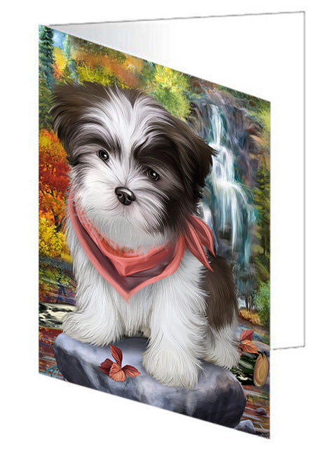 Scenic Waterfall Malti Tzu Dog Handmade Artwork Assorted Pets Greeting Cards and Note Cards with Envelopes for All Occasions and Holiday Seasons GCD54566