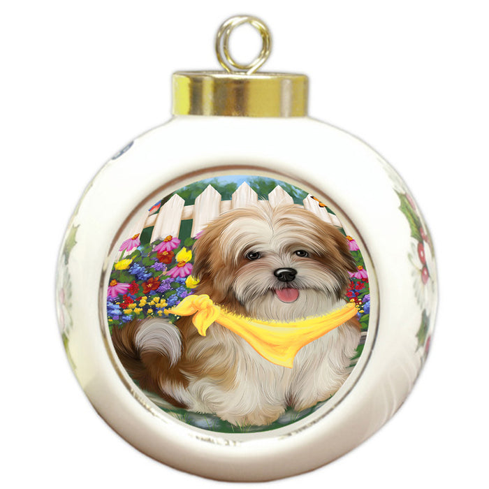 Spring Floral Malti Tzu Dog Round Ball Christmas Ornament RBPOR49915
