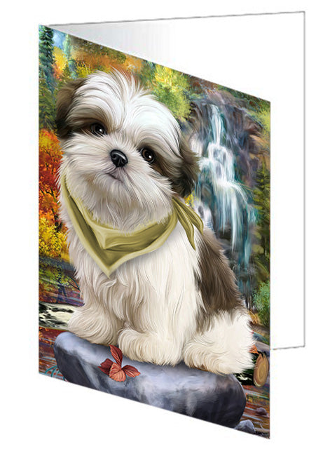 Scenic Waterfall Malti Tzu Dog Handmade Artwork Assorted Pets Greeting Cards and Note Cards with Envelopes for All Occasions and Holiday Seasons GCD54569