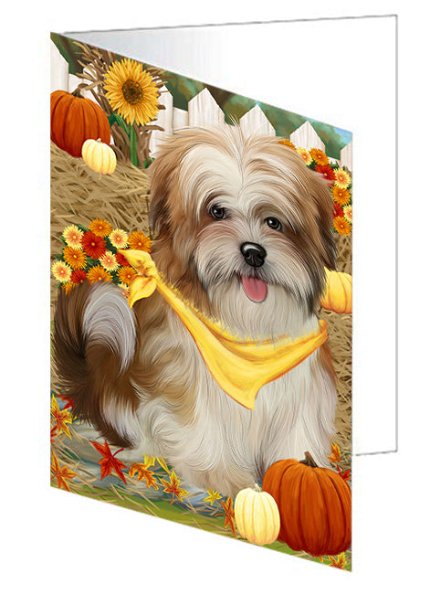 Fall Autumn Greeting Malti Tzu Dog with Pumpkins Handmade Artwork Assorted Pets Greeting Cards and Note Cards with Envelopes for All Occasions and Holiday Seasons GCD56378