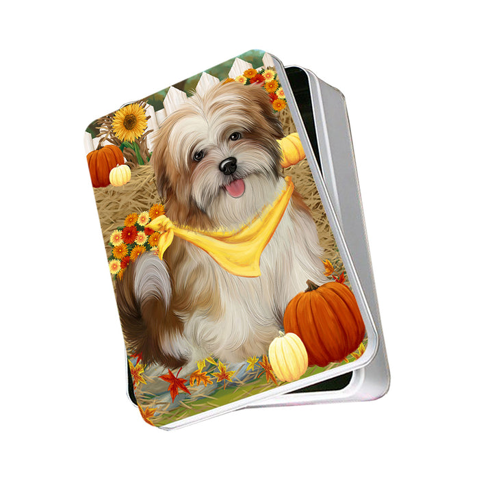 Fall Autumn Greeting Malti Tzu Dog with Pumpkins Photo Storage Tin PITN50783