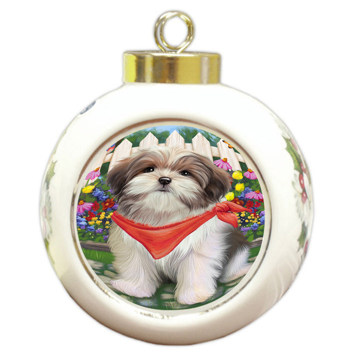 Spring Floral Malti Tzu Dog Round Ball Christmas Ornament RBPOR49916