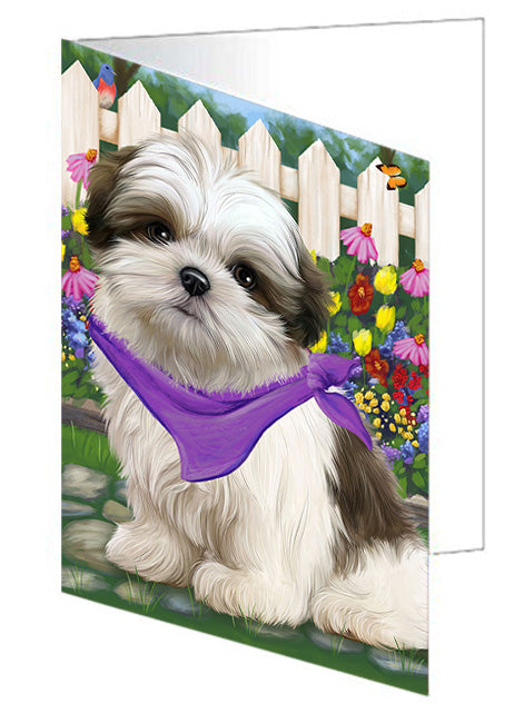 Spring Floral Malti Tzu Dog Handmade Artwork Assorted Pets Greeting Cards and Note Cards with Envelopes for All Occasions and Holiday Seasons GCD53780