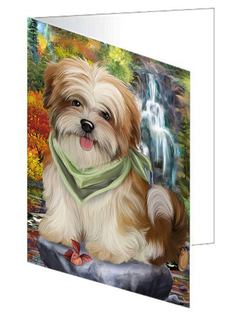 Scenic Waterfall Malti Tzu Dog Handmade Artwork Assorted Pets Greeting Cards and Note Cards with Envelopes for All Occasions and Holiday Seasons GCD54572