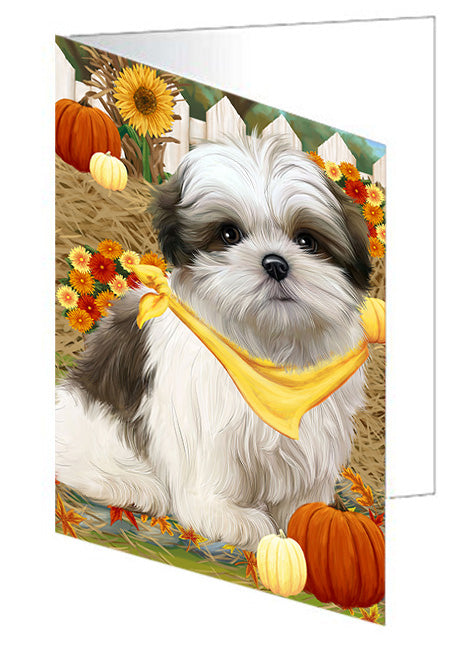 Fall Autumn Greeting Malti Tzu Dog with Pumpkins Handmade Artwork Assorted Pets Greeting Cards and Note Cards with Envelopes for All Occasions and Holiday Seasons GCD56381