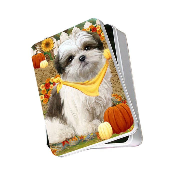 Fall Autumn Greeting Malti Tzu Dog with Pumpkins Photo Storage Tin PITN50784