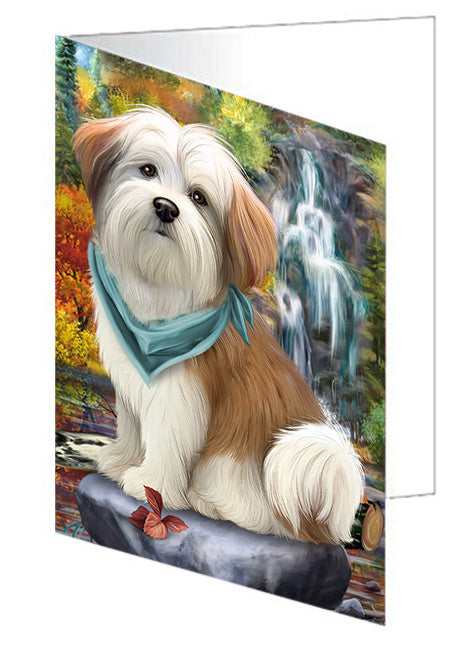 Scenic Waterfall Malti Tzu Dog Handmade Artwork Assorted Pets Greeting Cards and Note Cards with Envelopes for All Occasions and Holiday Seasons GCD54575