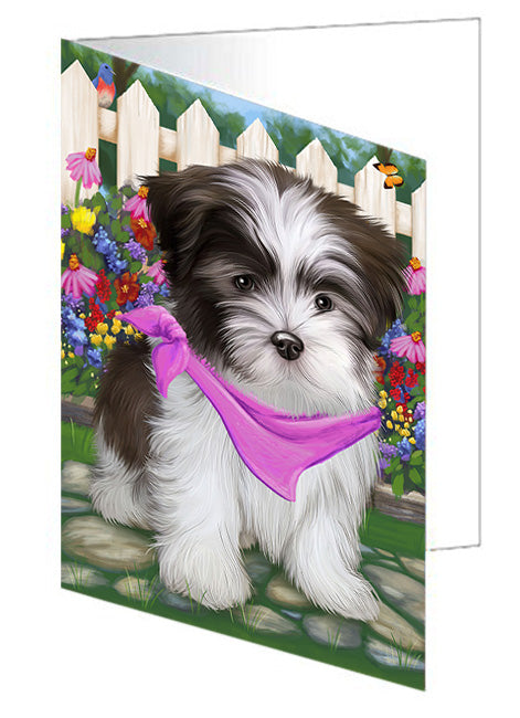 Spring Floral Malti Tzu Dog Handmade Artwork Assorted Pets Greeting Cards and Note Cards with Envelopes for All Occasions and Holiday Seasons GCD53783