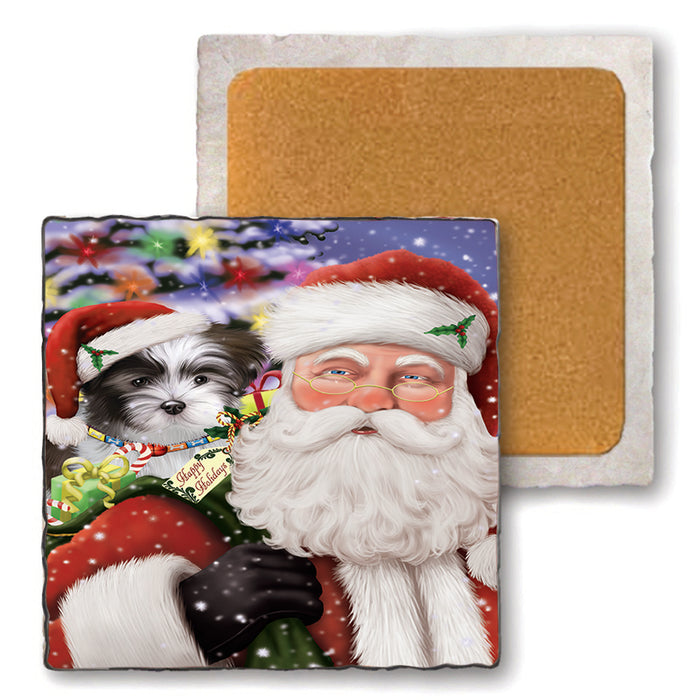 Santa Carrying Malti Tzu Dog and Christmas Presents Set of 4 Natural Stone Marble Tile Coasters MCST48697