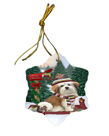 Merry Christmas Woodland Sled Malti Tzu Dog Star Porcelain Ornament SPOR55330