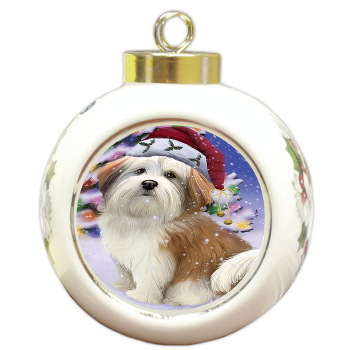 Winterland Wonderland Malti Tzu Dog In Christmas Holiday Scenic Background Round Ball Christmas Ornament RBPOR53770